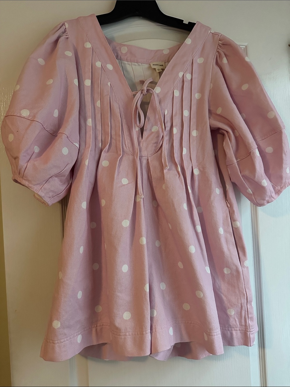 Peach Love California Pink Polka Dot Puff Sleeve Top